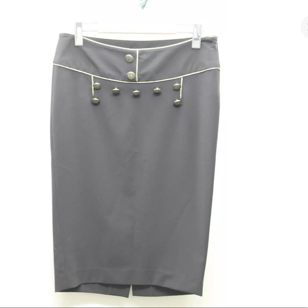VTG Arden B. Stretch Brown Gold Piping Military Style Women Skirt Buttons 30 In